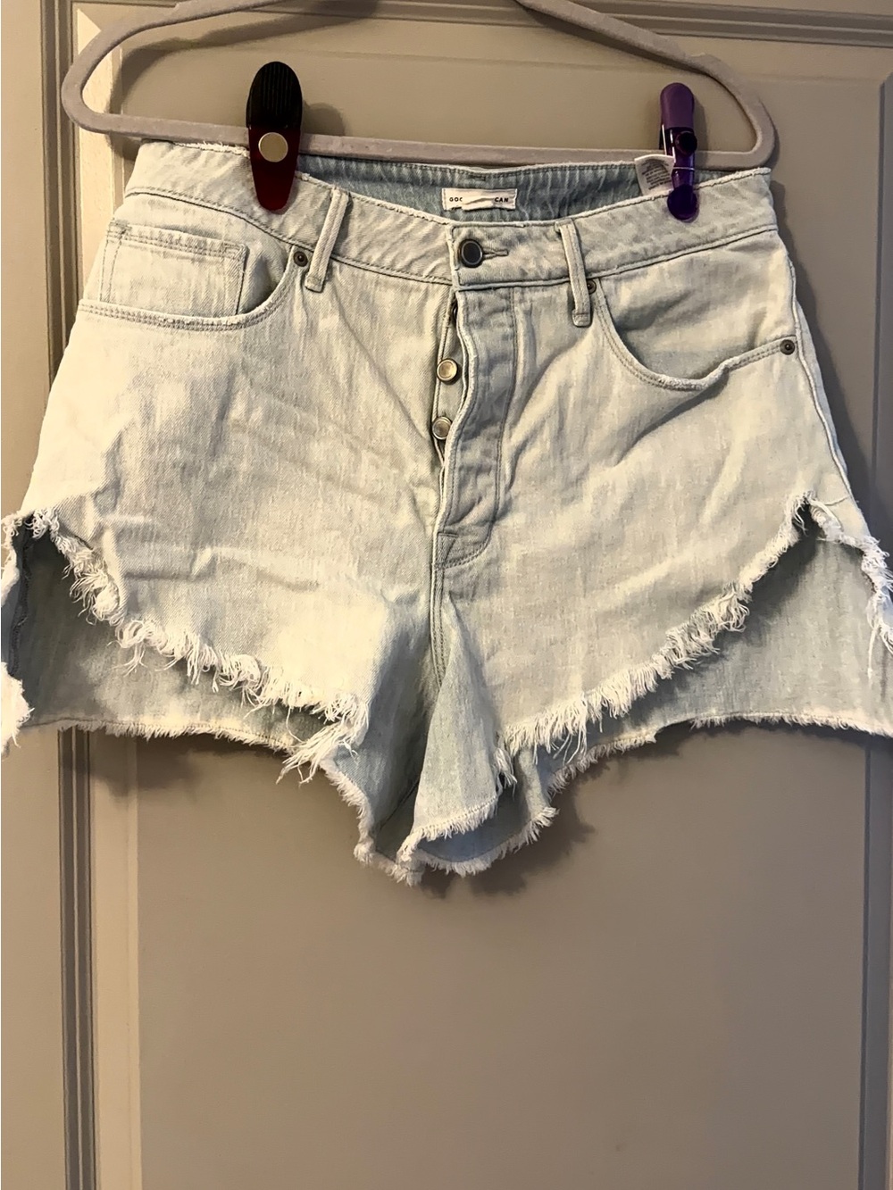 Good American Light Blue Distressed High-Rise Denim Shorts